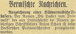 Zpráva českobudějovického německého listu o jeho vyznamenání
Herderovou cenou za román "Die Hacker vom Freiwald" roku 1923