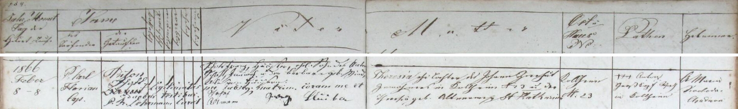 Záznam nýrské křestní matriky o jeho narození 8. února roku 1866 v Uhlišti (Kohlheim) čp. 23 svobodné matce Theresii Zierhutové, dceři Johanna Zierhuta, podruha v Uhlišti čp. 23, a Theresie, roz. Altmannové ze Svaté Kateřiny (Sankt Katharina) - jako manželské bylo dítě, pokřtěné původně jménem Anton Zierhut, legitimizováno až sňatkem chalupníka ze Zadních Chalup Franze Schotta, syna Antona Schotta a Barbary, roz. Windové ze Zadních Chalup s Theresií Zierhutovou
