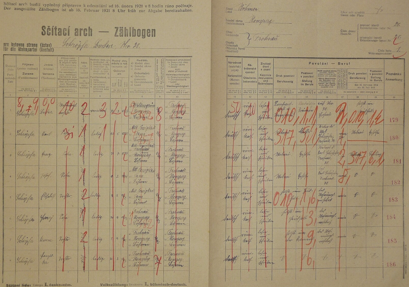 Arch sčítání lidu z roku 1921 pro stavení čp. 28 ve Vranově i s Karlem Schröpferem