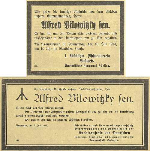 Hned dvojí parte Alfreda Bilowitzkyho "seniora" se v roce 1941 objevilo na stránkách Budweiser Zeitung