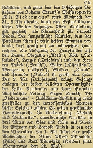 Kožešnická a oděvní firma Bilowitzkych už v roce 1924 předvedly své zboží na módní přehlídce, zakomponované do 1. jednání Straussovy operety "Netopýr" v roce jejího 50. jubilea