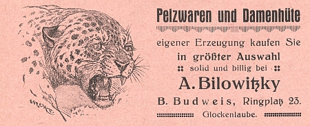 Inzerát firmy Bilowitzky na českobudějovickém náměstí v podloubí U Zvonu (Glockenlaube)