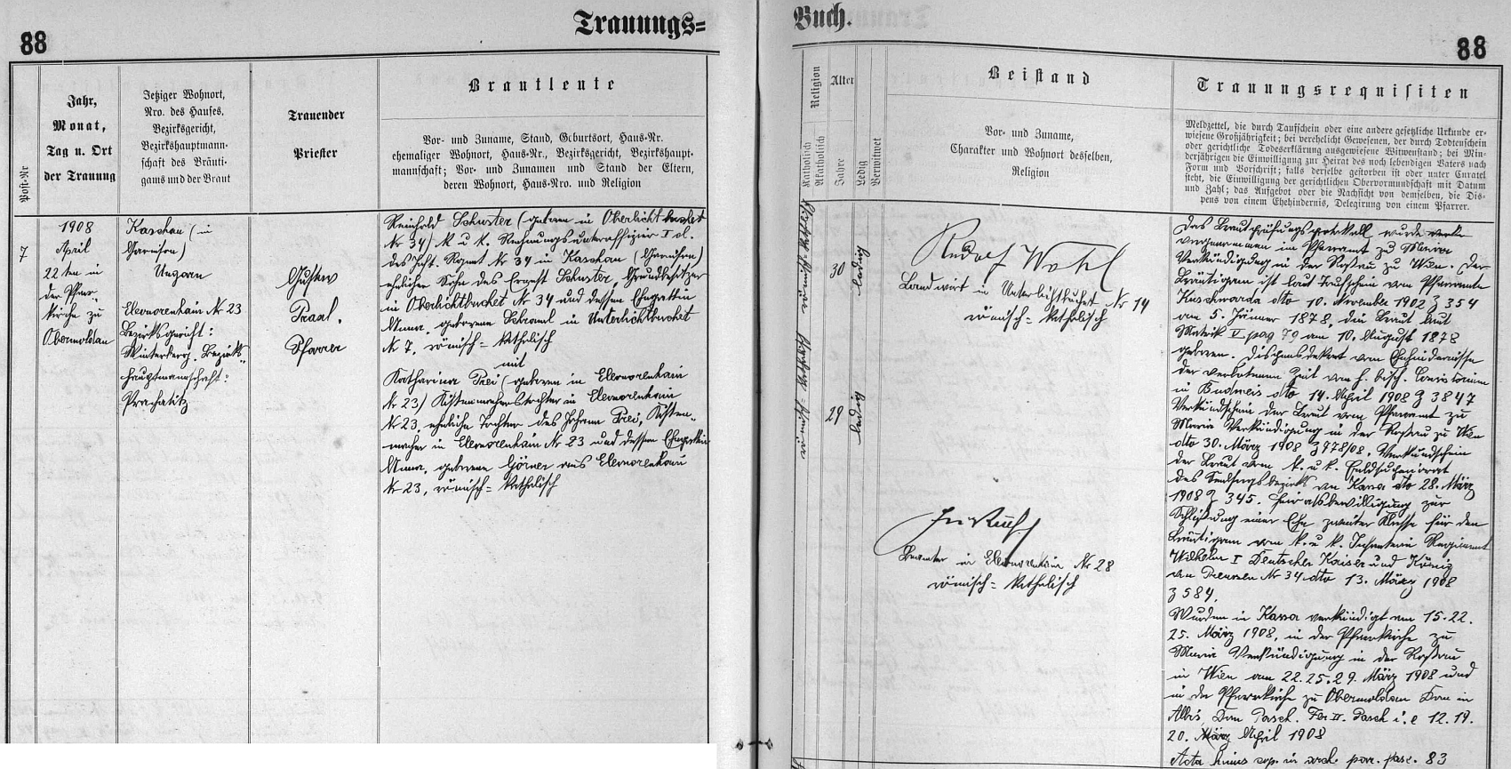 Záznam o svatbě rodičů v hornovltavické knize oddaných