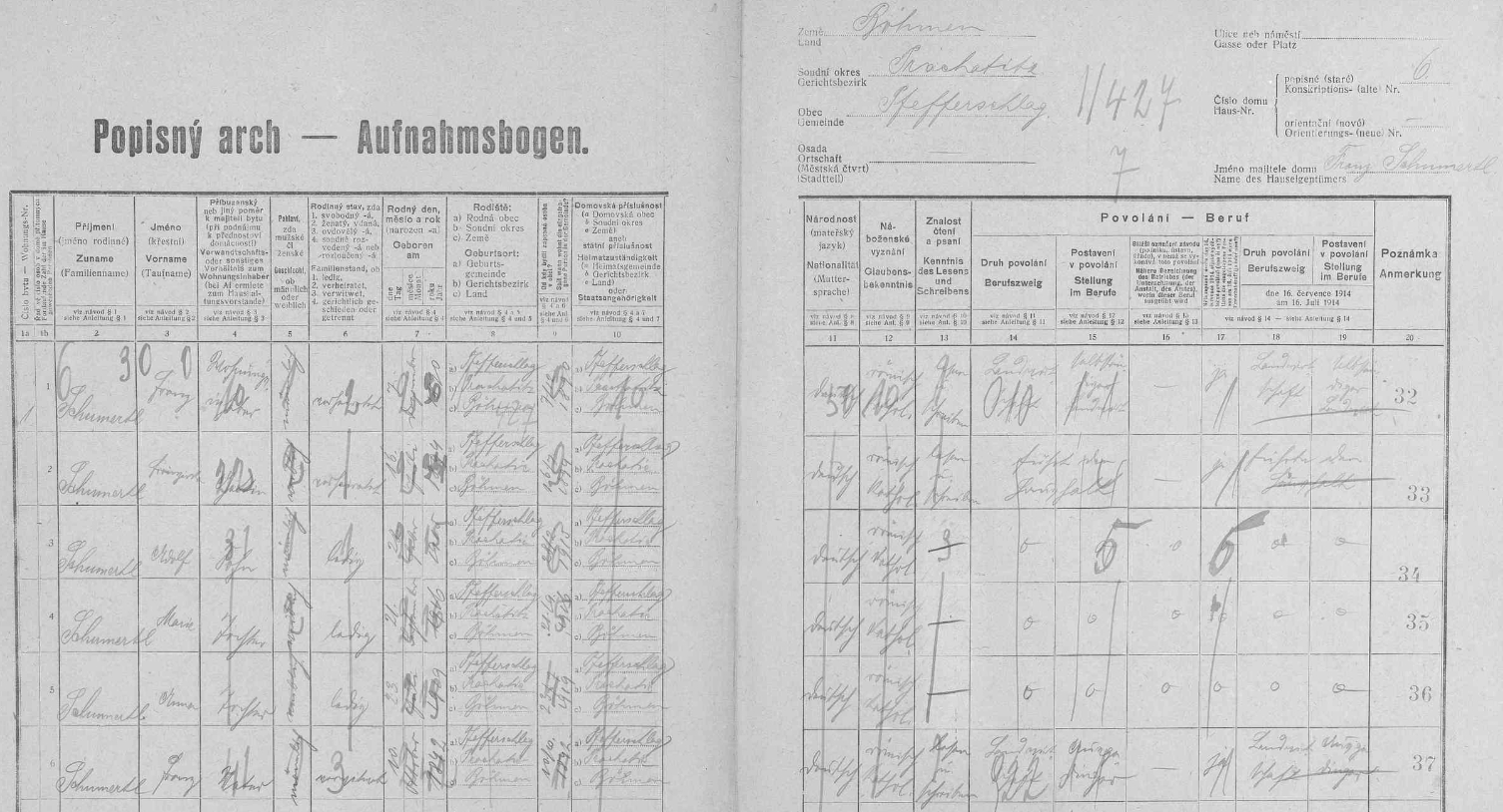 Arch sčítání lidu z roku 1921 pro stavení čp. 6 na Libínském Sedle, kde tehdy bydlil se svou ženou, synem Adolfem, dcerami Marií a Annou, jakož i s otcem Franzem Schumertlem "starším"