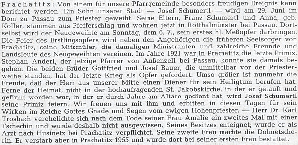 Zpráva o jeho kněžské primici v pasovském dómě v neděli 6. července roku 1958