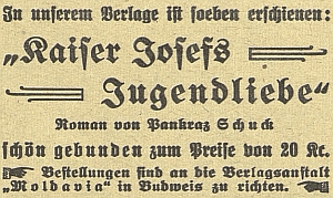 Inzerát na jeho knihu v českobudějovickém německém listě, román vyšel již roku 1925 a pak znovu ještě v roce 1931