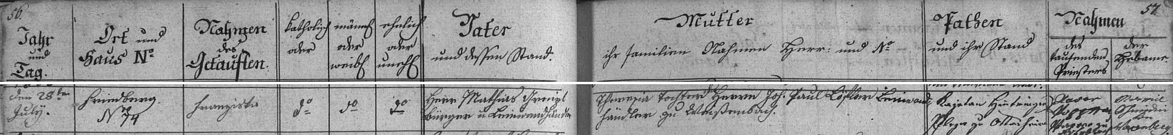 Záznam frymburské křestní matriky o tamním narození Franzisky Greiplové dne 28. července roku 1808