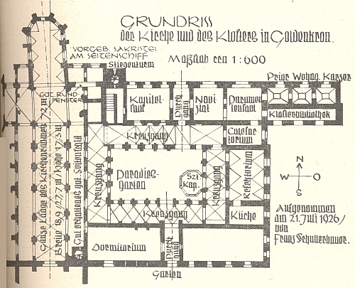 Půdorys kostela a kláštera ve Zlaté Koruně na jeho jménem označeném plánku z 21. července roku 1926