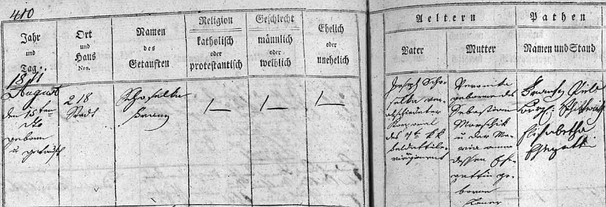 Zápis v českobudějovické matrice o jeho narození 15. srpna 1811 propuštěnému c.k. kaprálovi Josefu Schuselkovi
a jeho ženě Veronice, roz. Marschikové