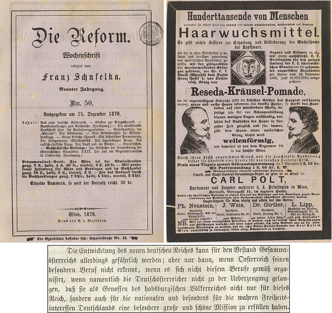 Obálka jednoho z čísel vídeňského týdeníku, který redigoval a poslední odstavec úvodního článku v něm