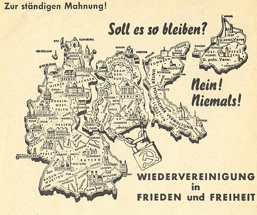 Jeho článek k 17. červnu (až do sjednocení Německa v roce 1990 tzv. "Den německé jednoty", viz Wikipedia) v příloze pro mládež na stránkách krajanského měsíčníku provázela tato sugestivní mapa "ke stálému varování"