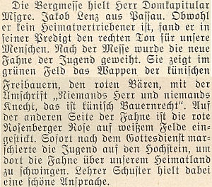 Zpráva o svěcení nové vlajky šumavské mládeže na Třístoličníku, kde měl projev - popis vlajky s králováckým heslem však hovoří o "rudém medvědu" v zeleném poli, na její druhé straně pak o rožmberské růži v bílém poli