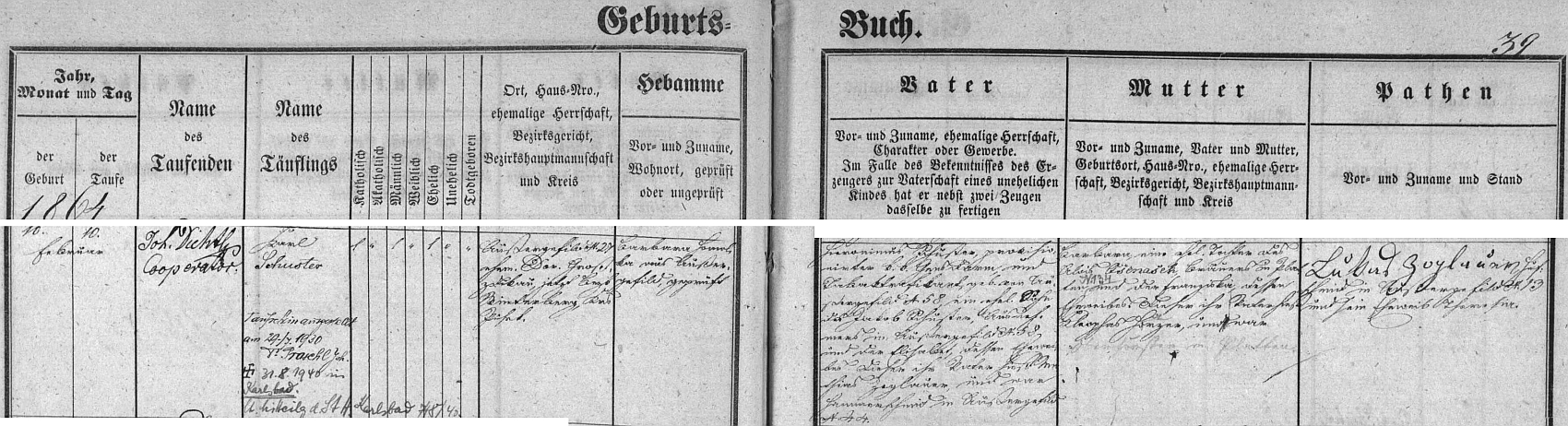 Záznam v křestní matrice farní obce Kvilda o jeho narození c.k. žandarmovi a trafikantovi Hieronimu Schusterovi (jeho otec Jakob Schuster je tu označen jako výminkář v Kvildě čp. 58, tj. bydlišti synově, matka Elisabeth, roz. Zoglauerová, jako dcera "hamerníka" v Kvildě čp. 44) a jeho ženě Barboře, roz. Ošenáškové, jejíž otec Alois Ošenášek (zřejmě původně Očenášek) byl rolníkem v Blatné (Platten) čp. 134 - pozdější přípis zpravuje o úmrtí Karla Schustera v Karlových Varech 31. srpna roku 1940