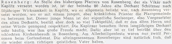 Zpráva o jeho přeložení do Rožmberka nad Vltavou v roce 1954