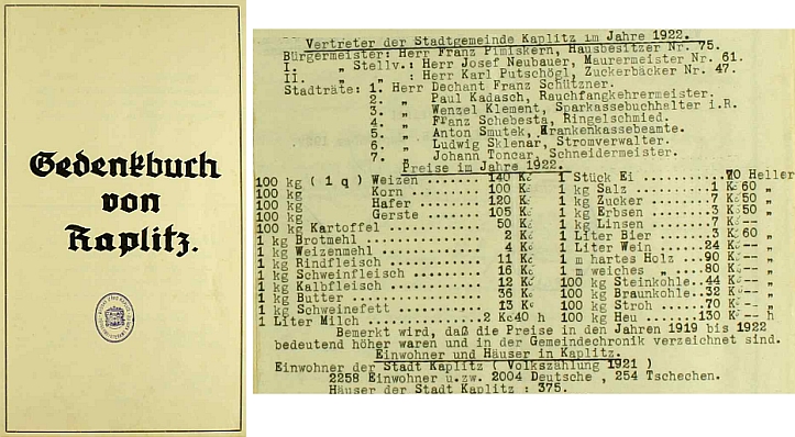 Titulní list a pasáž z kaplické pamětní knihy s jeho jménem v čele městské rady i s přehledem cen v roce 1922 a počtem obyvatel města a jeho domů