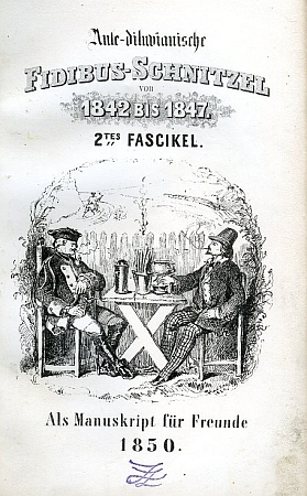 Obálka jednoho ze svazků jeho Předpotopních ústřižků fidibusů, vytištěného "jako rukopis pro přátele" roku 1850