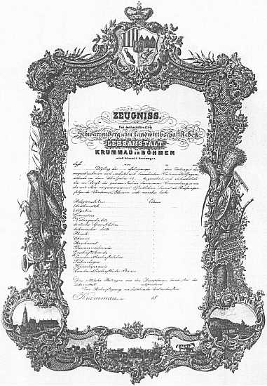Vysvědčení Schwarzenberského hospodářského institutu v Krumlově z prvé poloviny 19. století