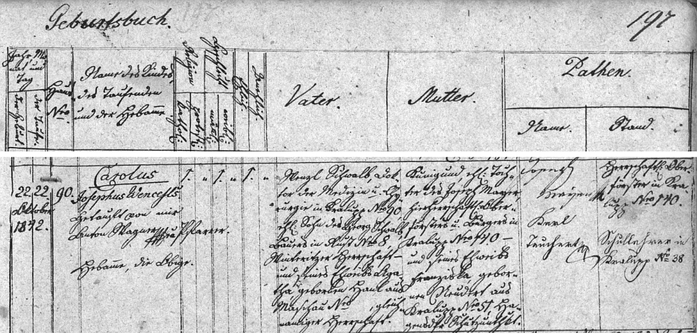 Záznam o jeho narození v křestní matrice Kralup u Chomutova