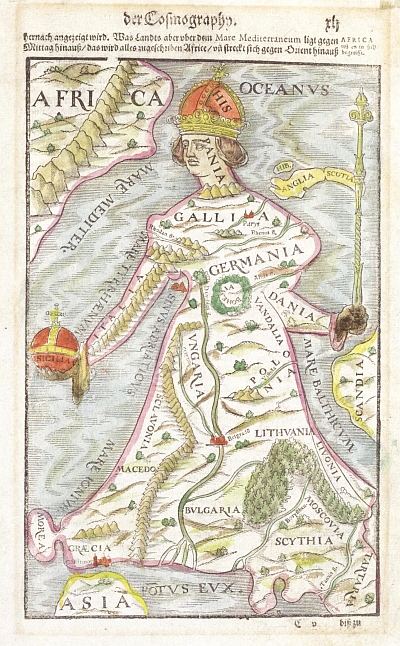 Alegorická mapa Evropy v podobě královny, jejíž pupkem je tu "Bohemia" a kterou vytvořil v roce 1531 Johannes Putsch (1516-1542), publikoval ji pak Sebastian Münster (1488-1552) ve svém díle Cosmographia (německy 1544, latinsky 1550)