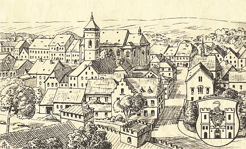 Bor u Tachova, zde v pohledu od zámecké věže, má ve znaku švamberskou labuť (mědirytina z roku 1962)