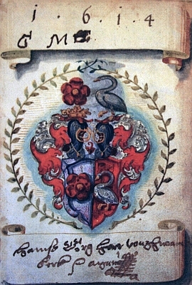Aliance rožmberské růže a švamberské labutě v erbu Jana Jiřího ze Švamberka, která mu udělil v roce 1914 král Matyáš...