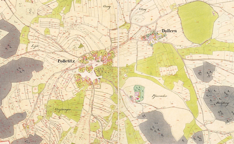 Boletice a Dolany na mapě stabilního katastru ze druhé čtvrtiny 19. století, kde je dobře patrný odstup mezi vlastní vsí a kostelním okrskem