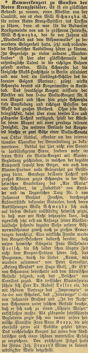 Tady českobudějovický německý list obsáhle referuje o Sweydově válečném koncertu ve prospěch Červeného kříže a připomíná, že se o houslistovi před lety hovořilo jako o "zázračném dítěti ze Šumavy"