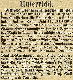 Podle této zprávy z roku 1929 byl jmenován do německé státní zkušební komise pro učitele hudební výchovy rozhodnutím ministerstva kultury a školství