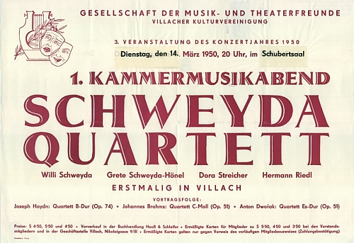 Plakát (1950) na koncert Schweydova kvarteta v Schubertově sále korutanského města Villach