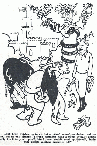 Anonymní karikatura z Jihočeské pravdy 13. března 1947 zachycuje komunistického ministra zemědělství Júliuse Duriše (vykonával tuto funci v letech 1945-1951), jak se chystá "vyvrátit strom pěkně celý i s kořeny" a "odstranit hada", rozuměj Schwarzenberga
