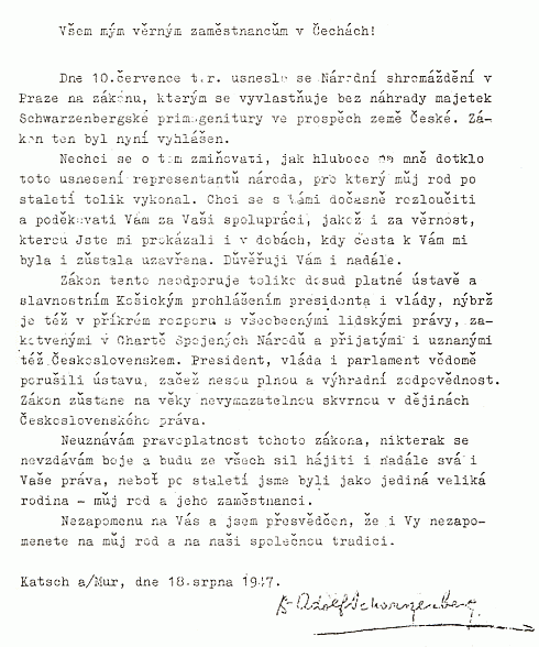 Dopis, který napsal Dr. Adolf Schwarzenberg v srpnu 1947 "všem věrným zaměstnancům" v Čechách k zestátnění svého majetku