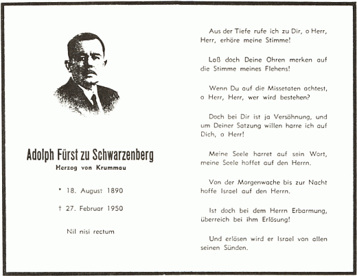 Německy psané úmrtní oznámení posledního "vévody krumlovského" z února 1950