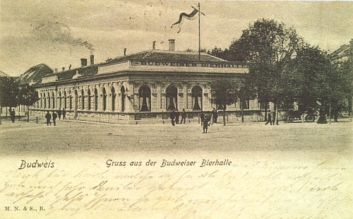 Budějovická "Bierhalle" na staré pohlednici - původně pivnice Měšťanského pivovaru, po roce 1918 kavárna a restaurace Metropol, byla zbytečně zbořena v roce 1962 kvůli nikdy nerealizované stavbě divadla