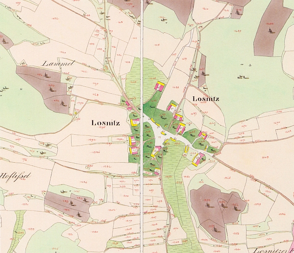 Lazec, první písemná zmínka 1263, barevná rastrová kopie z tzv. císařských povinných otisků z let 1826-1843