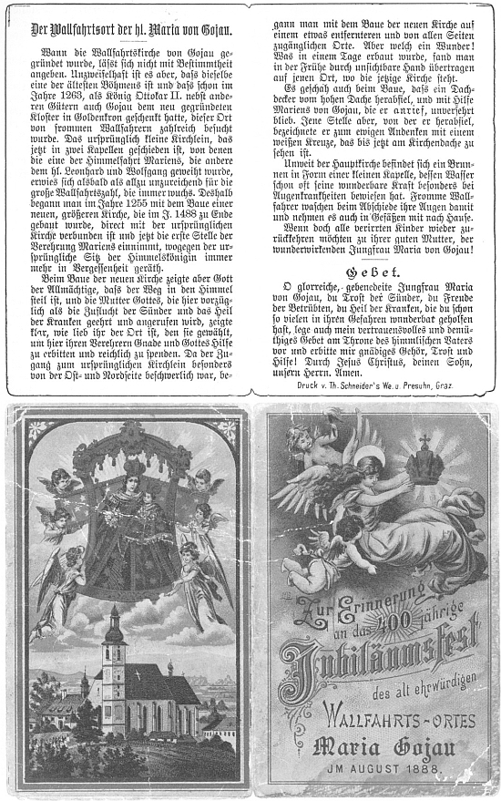 Rub a líc památečního svatého obrázku z Kájova ke čtyřstému jubileu slavného poutního místa, slavenému v létě roku 1888