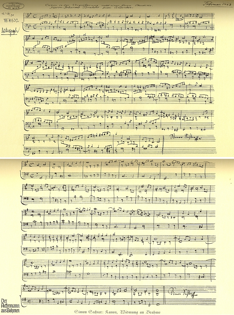 Jeho kánon, věnovaný Johannesu Brahmsovi a opatřený vlastnoručním podpisem autora