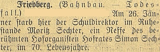 ... a o jeho úmrtí o tři roky později v českobudějovických novinách, která poněkud znejasňuje místo úmrtí, nicméně to je zaznamenáno ve vídeňské matrice, nikoli frymburské