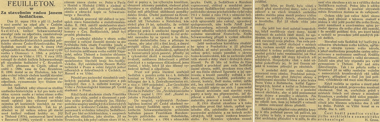 Nekrolog, jehož autorem v "podčárníku" Jihočeských listů byl archivář Hynek Gross