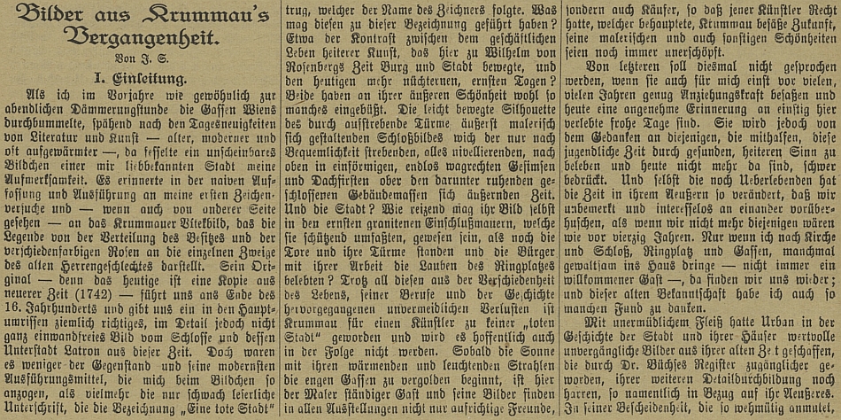 Úvod jeho "obrazů z minulosti Českého Krumlova" na stránkách českokrumlovského německého listu