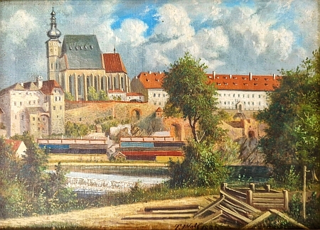 Kostel sv. Víta v Českém Krumlově na obraze T. Wolfa z osmdesátých let 19. století ještě s barokní cibulovitou bání