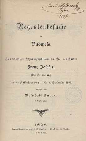 Titulní list knihy Reinholda Huyera s podpisem vlastníka - Karla Kolaczeka