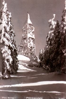 Rozhledna na Plechém na jeho pohlednici z roku 1938