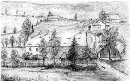 Dvůr Žežulka a škola na Žežulce, jak je zpodobnil Jan Kopp (viz i Zephyrin Beywl)