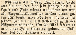 Tato zpráva krajanského měsíčníku z roku 1957 hovoří o jeho stříbrné svatbě v Kitzingen na Böhmerwaldstraße