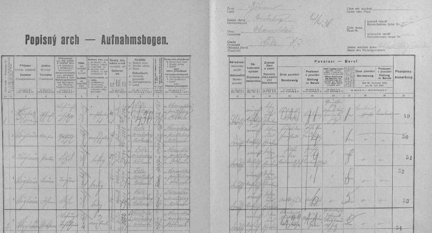 Arch sčítání lidu z roku 1921 pro stavení čp. 10 ve Slatině s rodinou Stögbauerovou ještě ovšem bez ní