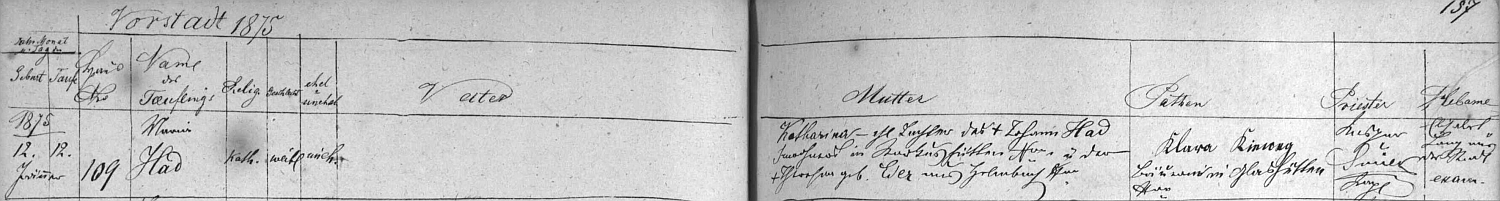 Záznam vimperské křestní matriky o narození jeho první ženy svobodné matce Katharině Hadové