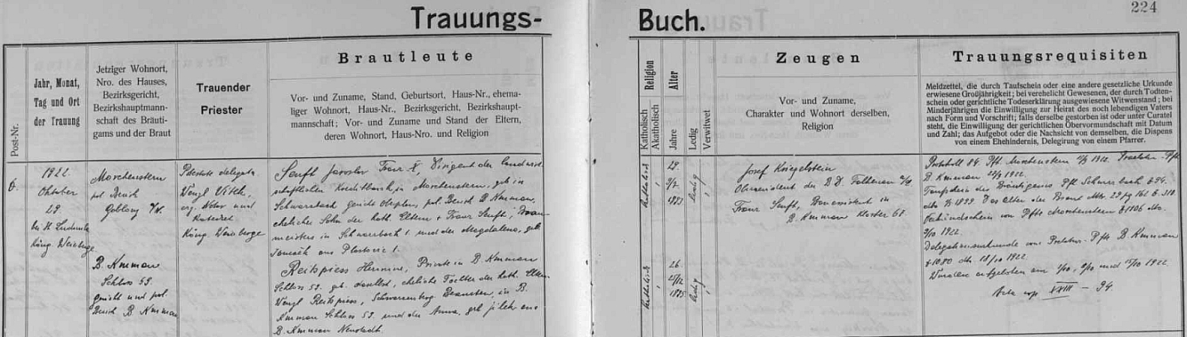 Záznam o svatbě jeho rodičů v kostele sv. Ludmily na Královských Vinohradech v říjnu roku 1922: ženich Jaroslav Franz Xaver Senft byl tehdy "dirigentem" pobočky Zemědělské kreditní banky v severočeské Smržovce (Morchenstern), nevěsta Hermine byla dcerou schwarzenberského úředníka v Českém Krumlově Wenzla Reitspiesse a Anny, roz. Jílkové, rovněž z Českého Krumlova