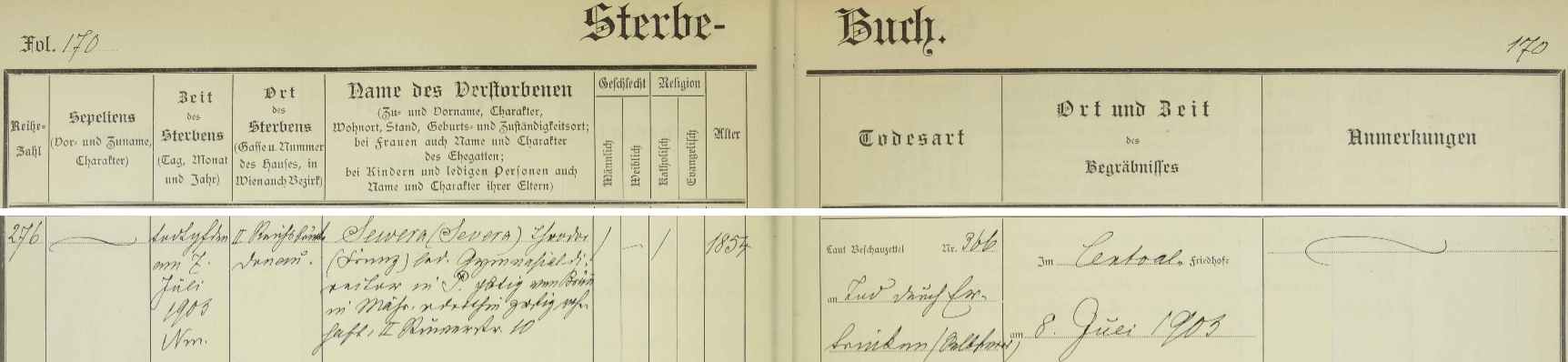 Záznam o úmrtí v knize zemřelých vídeňské farnosti pro kostele sv. Jana Nepomuckého