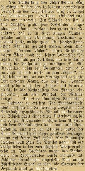 Zpráva o jeho zatčení a uvěznění na 44 hodin z podnětu českobudějovického Národního výboru v roce 1919