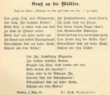 Jeho báseň pod záhlavím prvé strany Peterova časopisu Der Böhmerwald s kresbou Rožmberka nad Vltavou